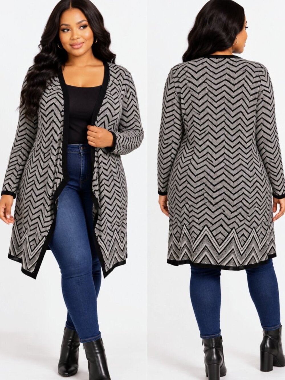 Faded Glory Black Gray Chevron Open Front Long Knit Cardigan Women's Size Large